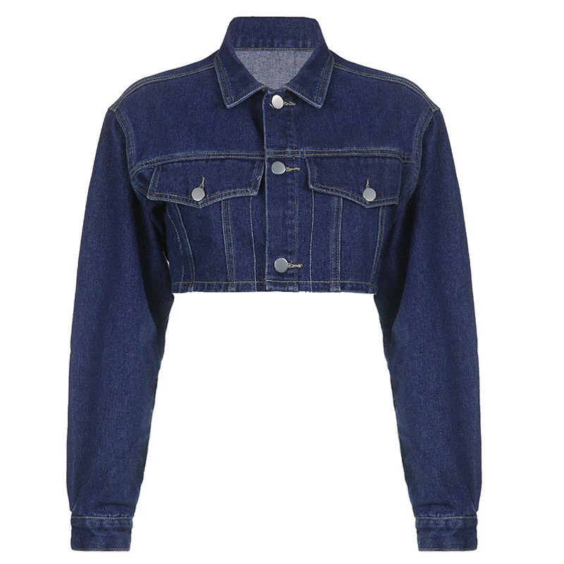 Cool Collared Long Sleeve Button Up Flapped Crop Denim Jacket - Blue - Image 3