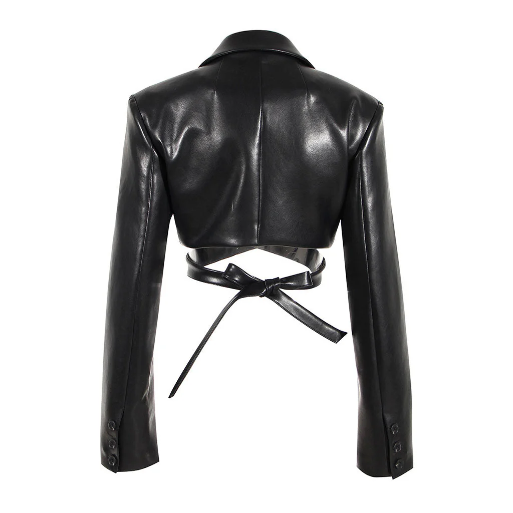 Cool Crossover Wrap Tie Lapel Collar Shoulder Pad Vegan Leather Cropped Blazer - Image 2