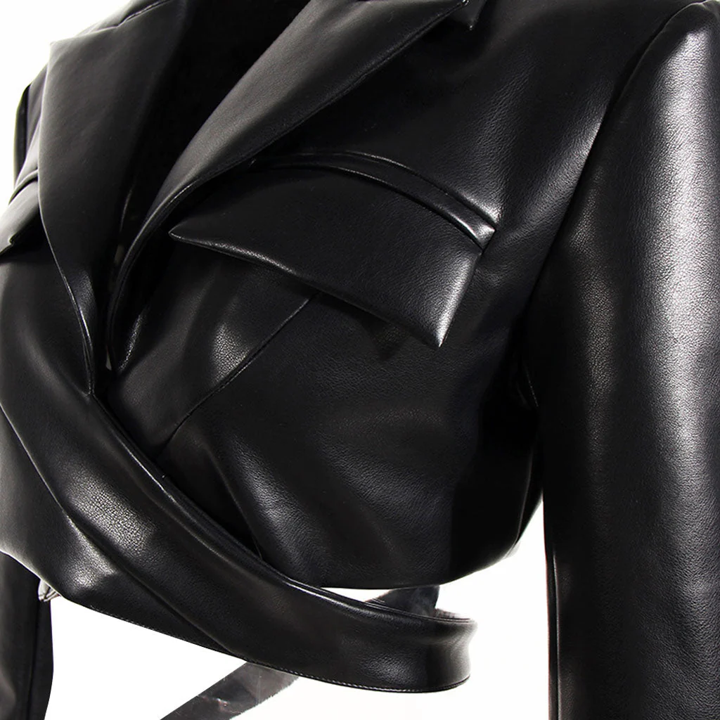 Cool Crossover Wrap Tie Lapel Collar Shoulder Pad Vegan Leather Cropped Blazer - Image 3