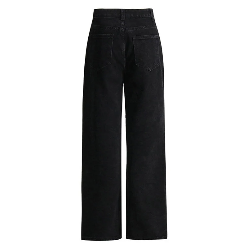 Cool Dark Wash Frayed CutOut High Waist Straight Leg Denim Jeans - Image 2