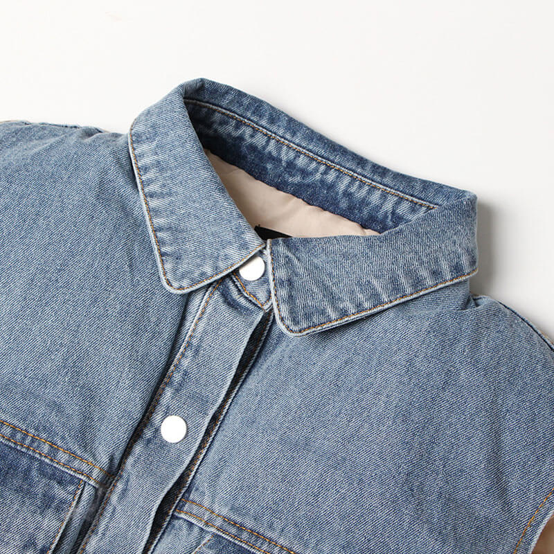 Cool Denim Collar Button Down Deconstructed Hybrid Metallic Puffer Vest - Gold - Image 4