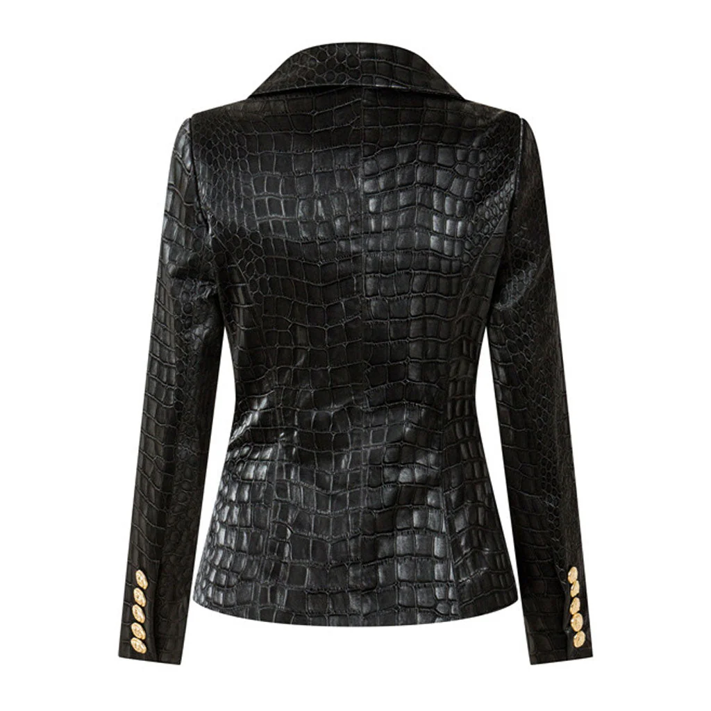 Cool Faux Croc Effect Leather Peak Lapel Double Breasted Tailored Blazer - Image 2