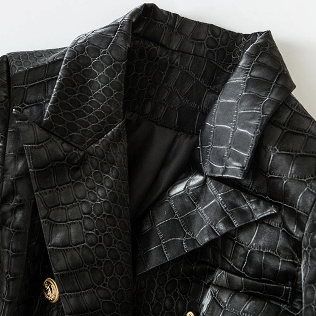 Cool Faux Croc Effect Leather Peak Lapel Double Breasted Tailored Blazer - Image 3