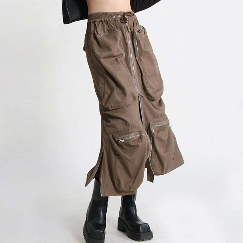 Cool High Rise Drawstring Front Zip Patch Pocket Cargo Midi Skirt - Coffee - Image 2