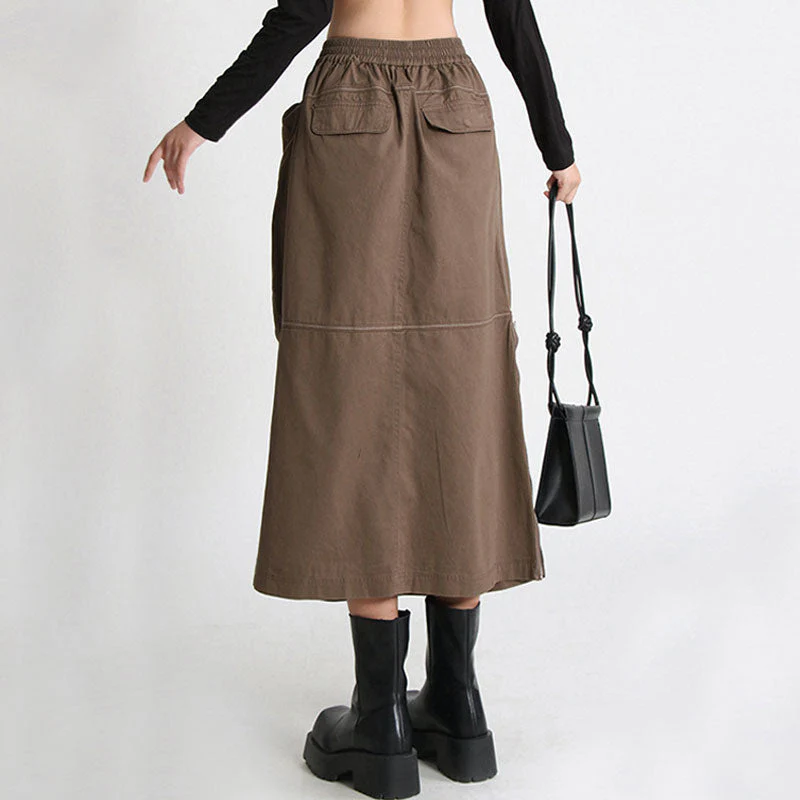 Cool High Rise Drawstring Front Zip Patch Pocket Cargo Midi Skirt - Coffee - Image 3