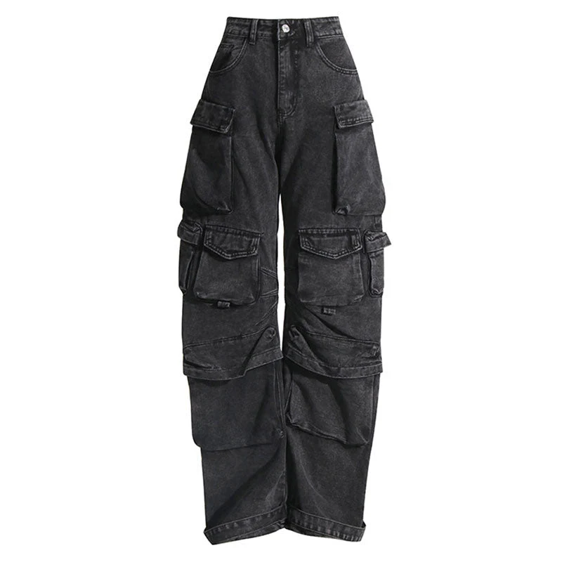 Cool Multiple Pocket Detail High Waist Wide Leg Cargo Jeans - Image 2