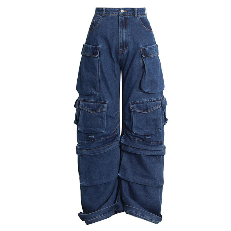 Cool Multiple Pocket Detail High Waist Wide Leg Cargo Jeans - Image 3