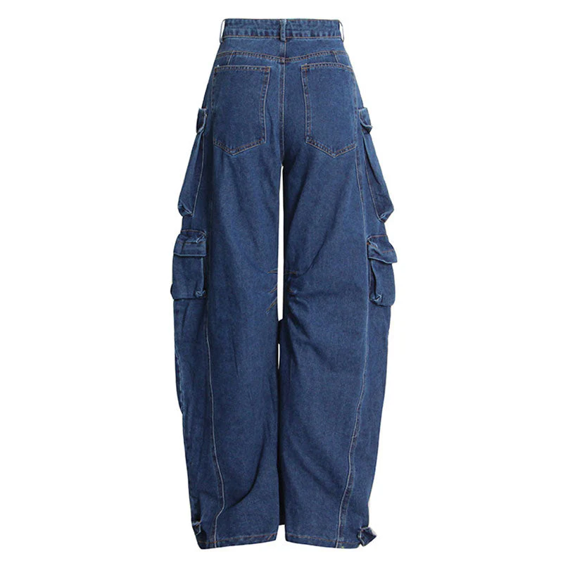 Cool Multiple Pocket Detail High Waist Wide Leg Cargo Jeans - Image 4