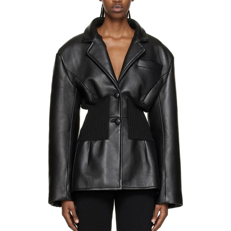 Cool Notched Lapel Collar Single Breasted Vegan Leather Jacket - Image 2