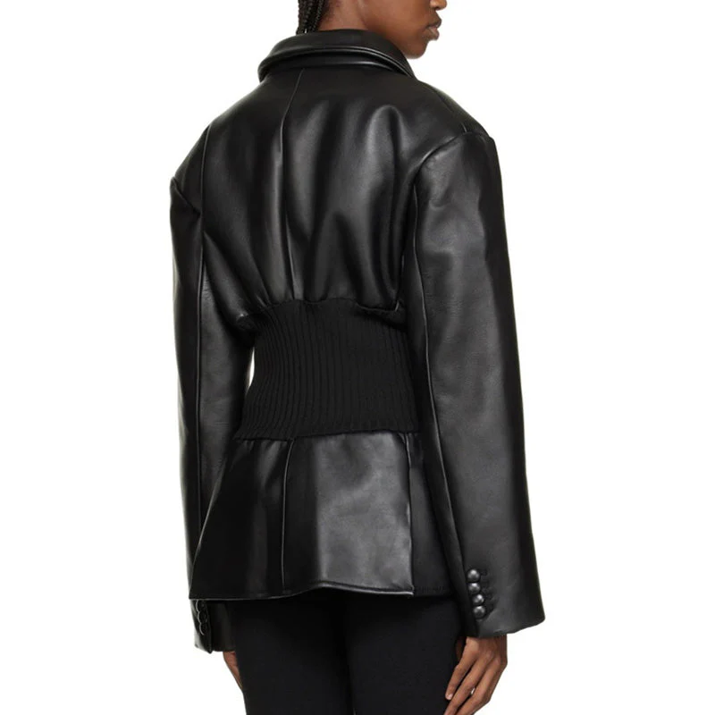 Cool Notched Lapel Collar Single Breasted Vegan Leather Jacket - Image 3