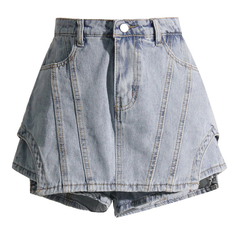 Cool Solid Color Exposed Seam Layered High Waist Denim Skorts - Image 2