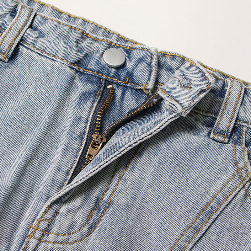 Cool Solid Color Exposed Seam Layered High Waist Denim Skorts - Image 4