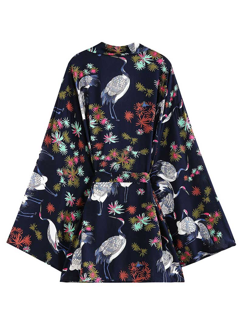 Night Wear Polyester Floral Print Dark-Blue Color Short Length Gown Robe Kimono Duster Robe - Image 2