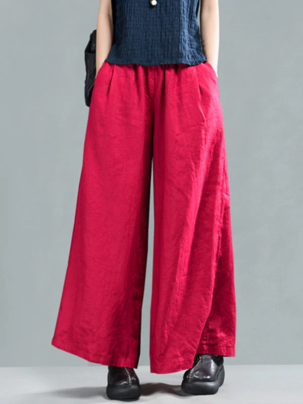 Harriett Vintage Casual Elastic-waist Linen Wide Leg Pants with Pockets - Image 2