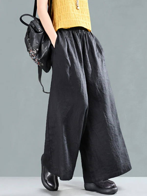 Harriett Vintage Casual Elastic-waist Linen Wide Leg Pants with Pockets - Image 3