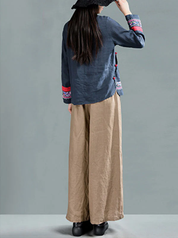Harriett Vintage Casual Elastic-waist Linen Wide Leg Pants with Pockets - Image 6