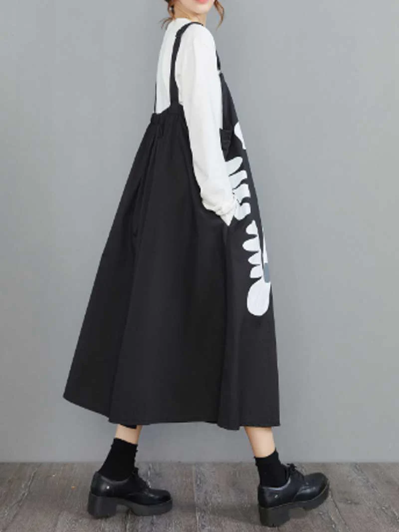 Cotton Floral Art Black Front Zip Salopette Dress - Image 2