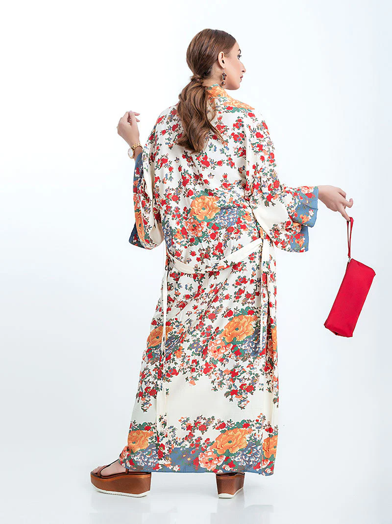Beachwear Kimono Floral Bohemian Print Beige Color Cotton Long Length Gown Kimono Duster Robe - Image 2
