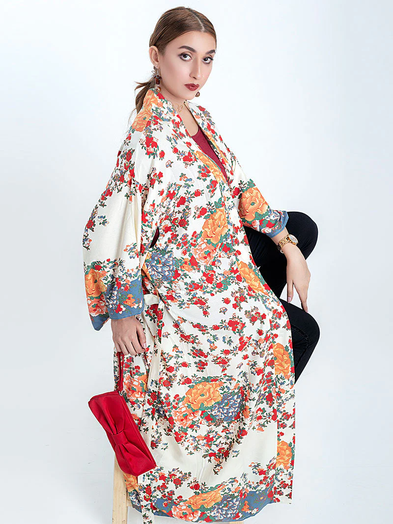 Beachwear Kimono Floral Bohemian Print Beige Color Cotton Long Length Gown Kimono Duster Robe - Image 3