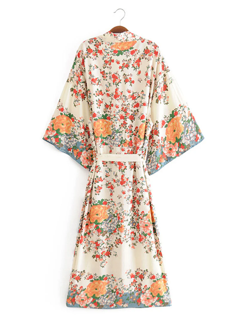 Beachwear Kimono Floral Bohemian Print Beige Color Cotton Long Length Gown Kimono Duster Robe - Image 6