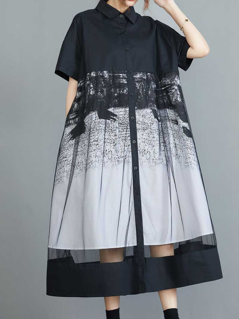 Cotton Retro Printed Black Color Short Sleeves A-Line Shirt Dress - Image 3