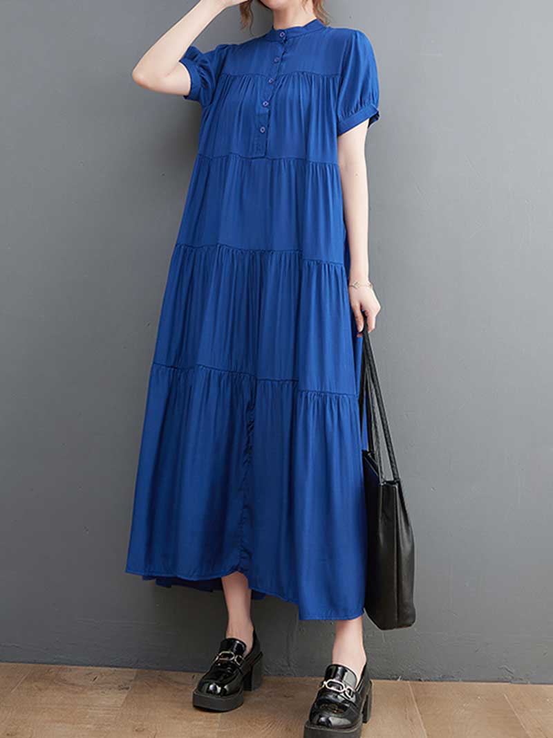 Cotton Short Sleeve Blue Color A-Line Dress - Image 3