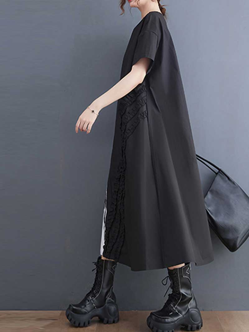 Cotton Short Sleeve Black A-Line Dress - Image 2