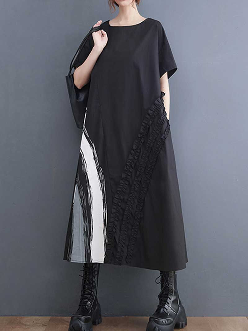 Cotton Short Sleeve Black A-Line Dress - Image 3