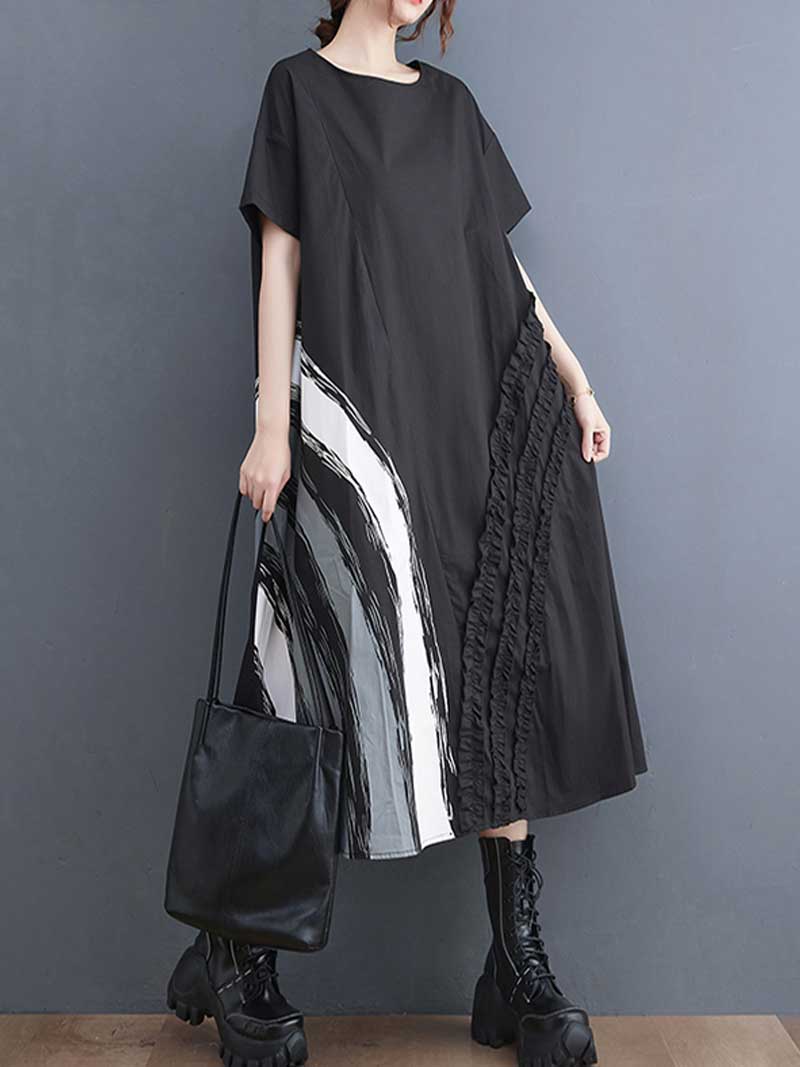 Cotton Short Sleeve Black A-Line Dress - Image 4