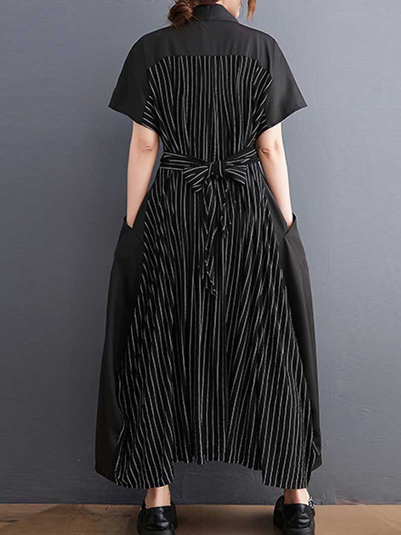 Cotton Short Sleeves Tie Style A-Line Dress - Image 2
