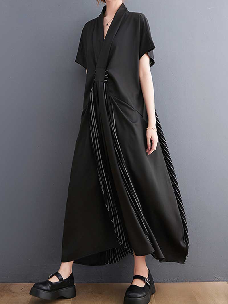 Cotton Short Sleeves Tie Style A-Line Dress - Image 6