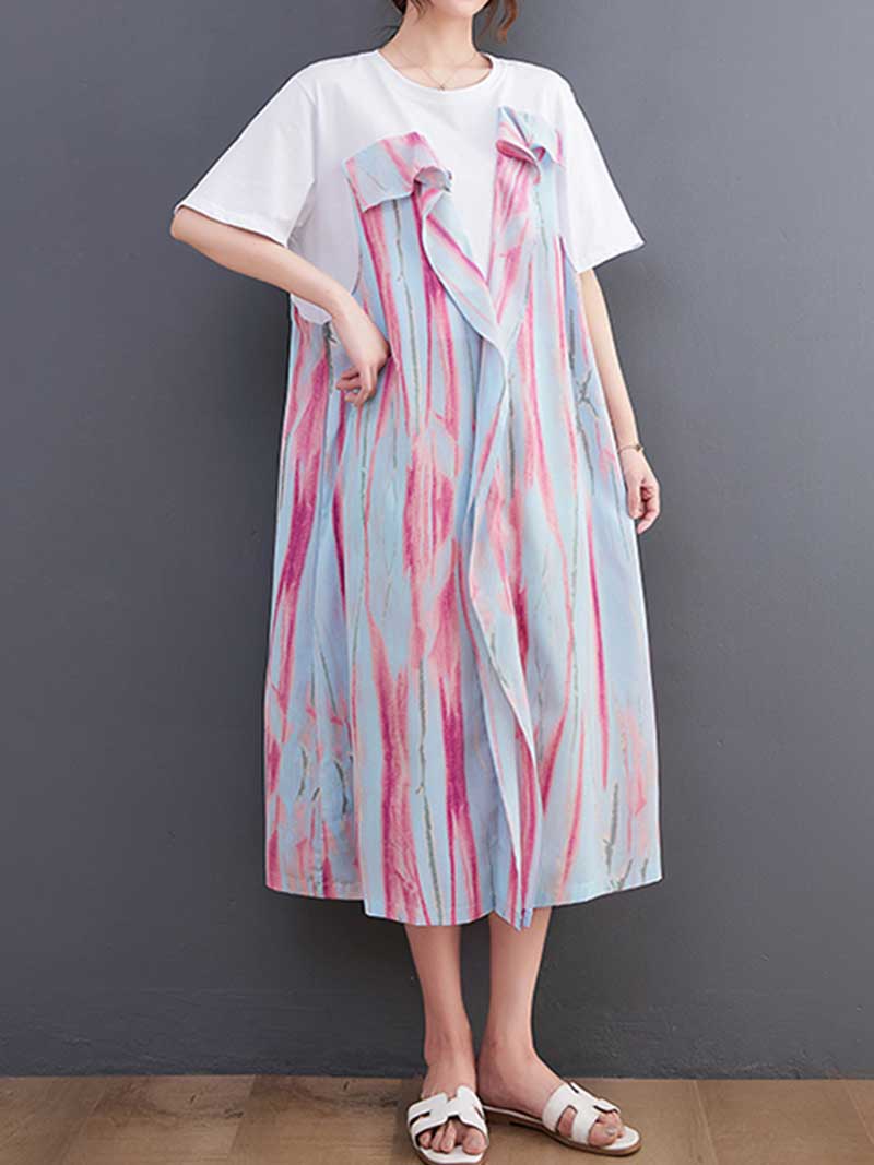 Cotton Tie-Dye Print Short Sleeves Midi Dress - Image 3
