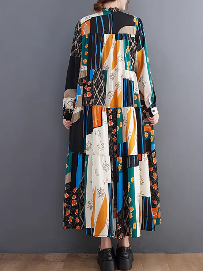 Cozy Colorful Wear Print Collar Front Button A-line Dress - Image 2