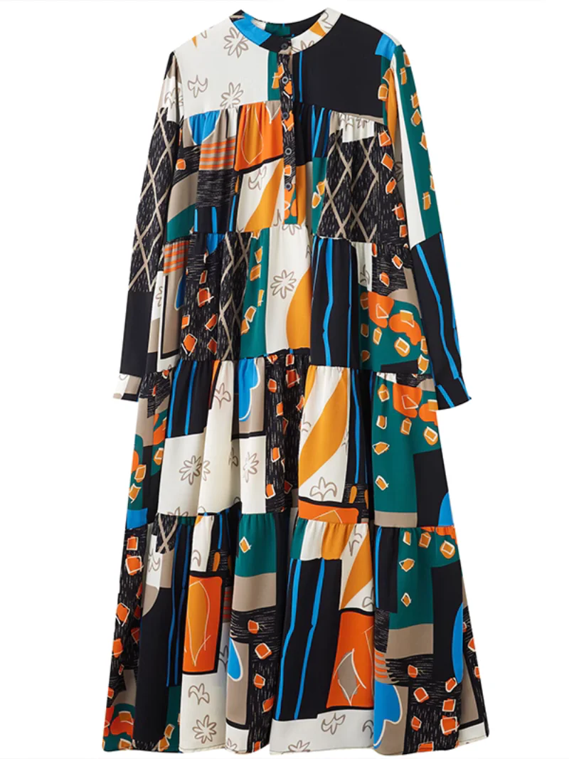 Cozy Colorful Wear Print Collar Front Button A-line Dress - Image 3