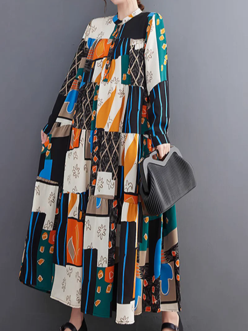 Cozy Colorful Wear Print Collar Front Button A-line Dress - Image 4