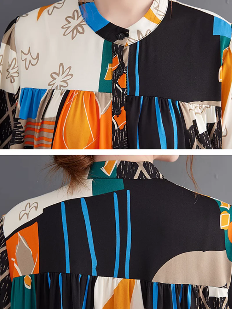 Cozy Colorful Wear Print Collar Front Button A-line Dress - Image 5