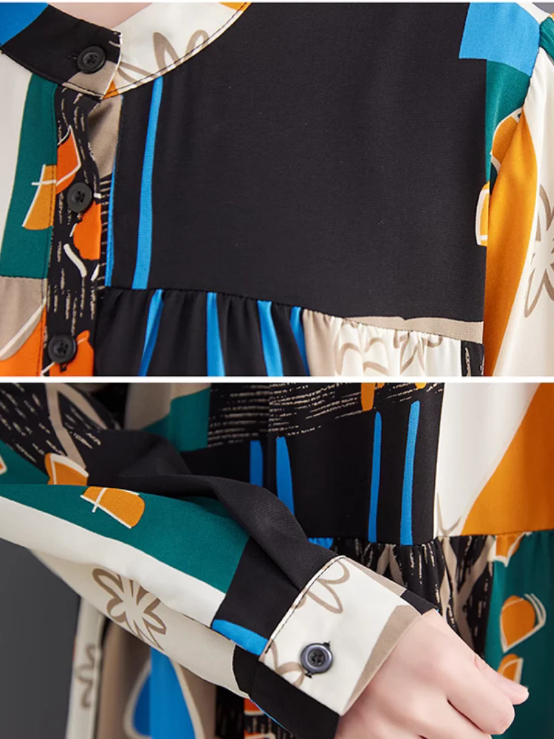 Cozy Colorful Wear Print Collar Front Button A-line Dress - Image 6