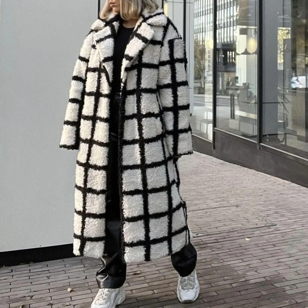 Cozy Lapel Collar Single Breasted Checkered Pattern Sherpa Teddy Coat - Black - Image 3