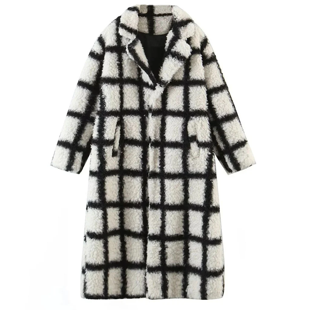 Cozy Lapel Collar Single Breasted Checkered Pattern Sherpa Teddy Coat - Black - Image 5