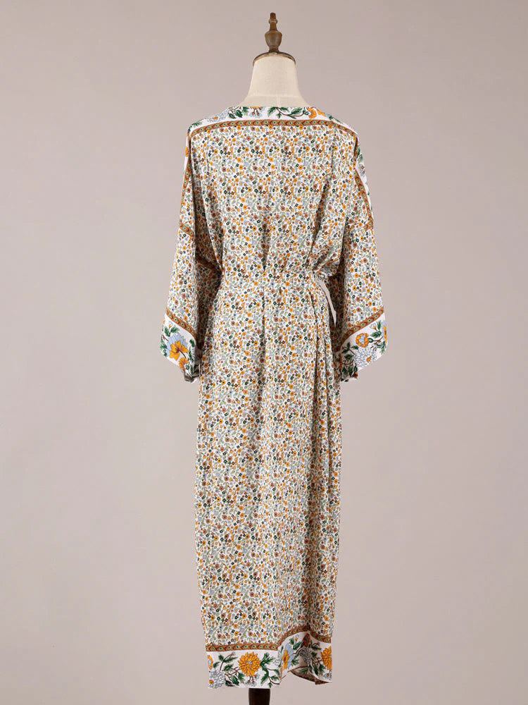 Beachwear Floral Cotton Kimono Beige Color Long Gown Robe Kimono Duster Robe - Image 2