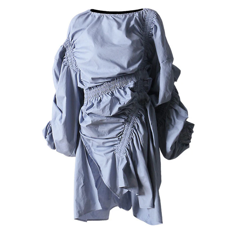 Creative Long Sleeve Tie Back Side Split Asymmetrical Gathered Dress - Image 2