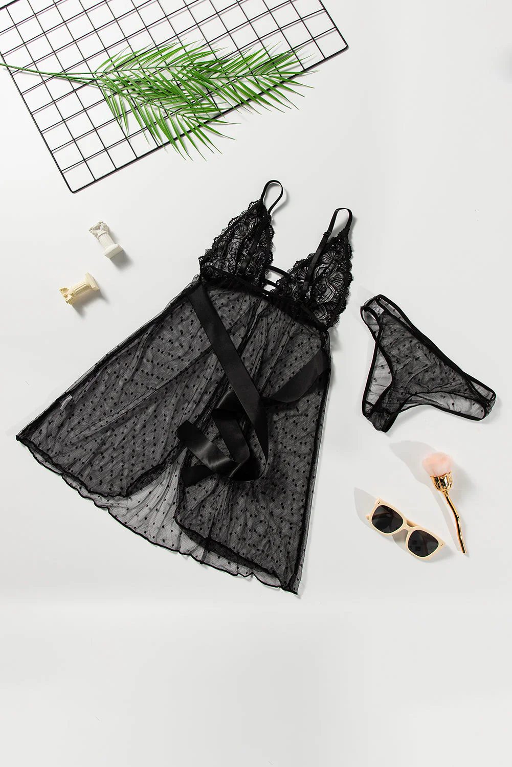 Crochet Lace Bowknot Dot Mesh Slit Babydoll - Image 11