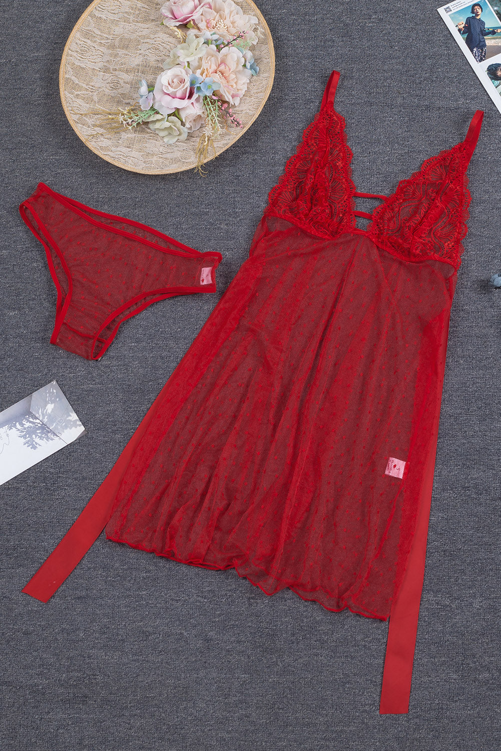 Crochet Lace Bowknot Dot Mesh Slit Babydoll - Image 29