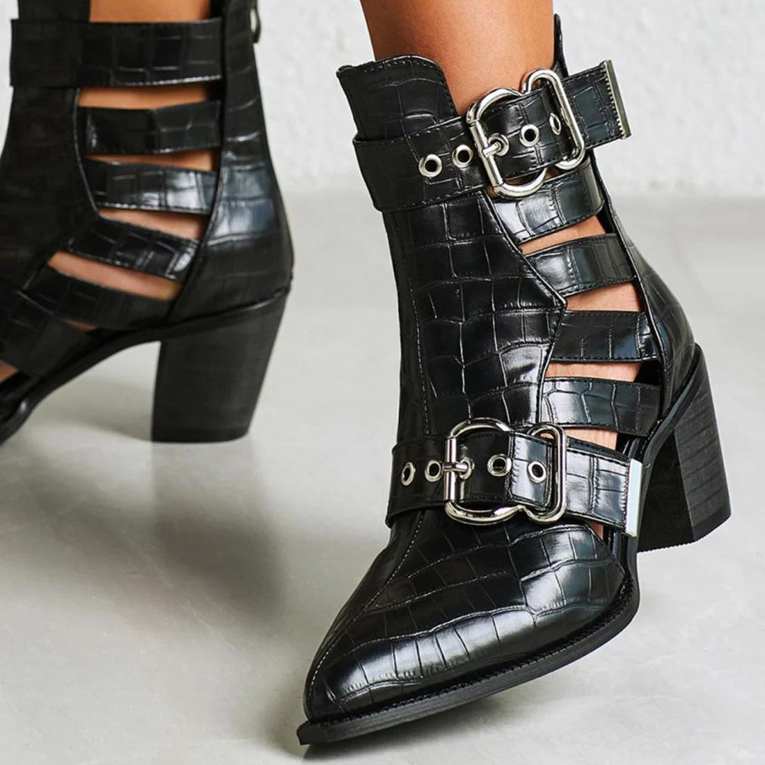 Crocodile Embossed Cutout Trim Metallic Buckle Block Heel Ankle Boots - Black - Image 2