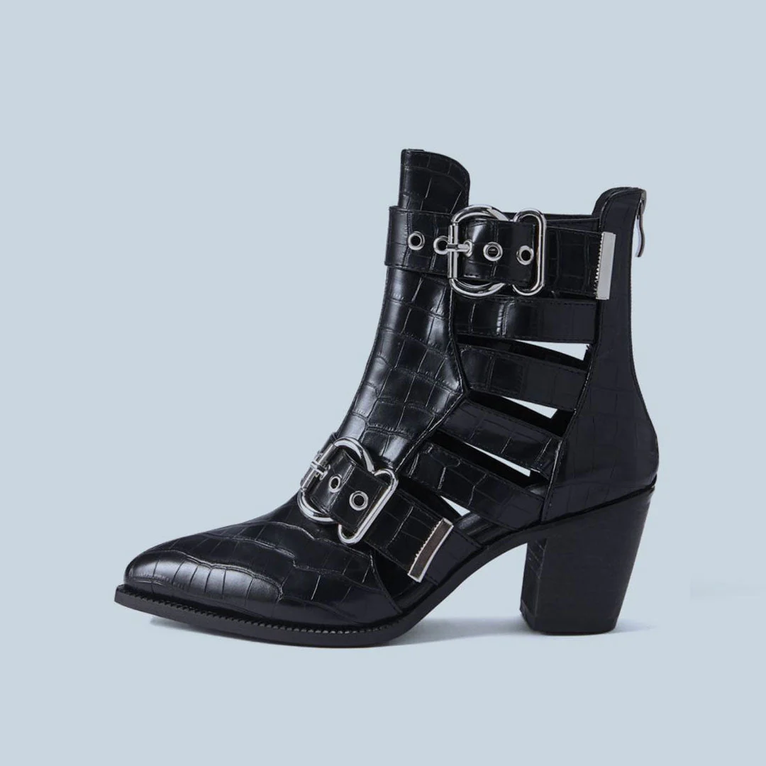 Crocodile Embossed Cutout Trim Metallic Buckle Block Heel Ankle Boots - Black - Image 4