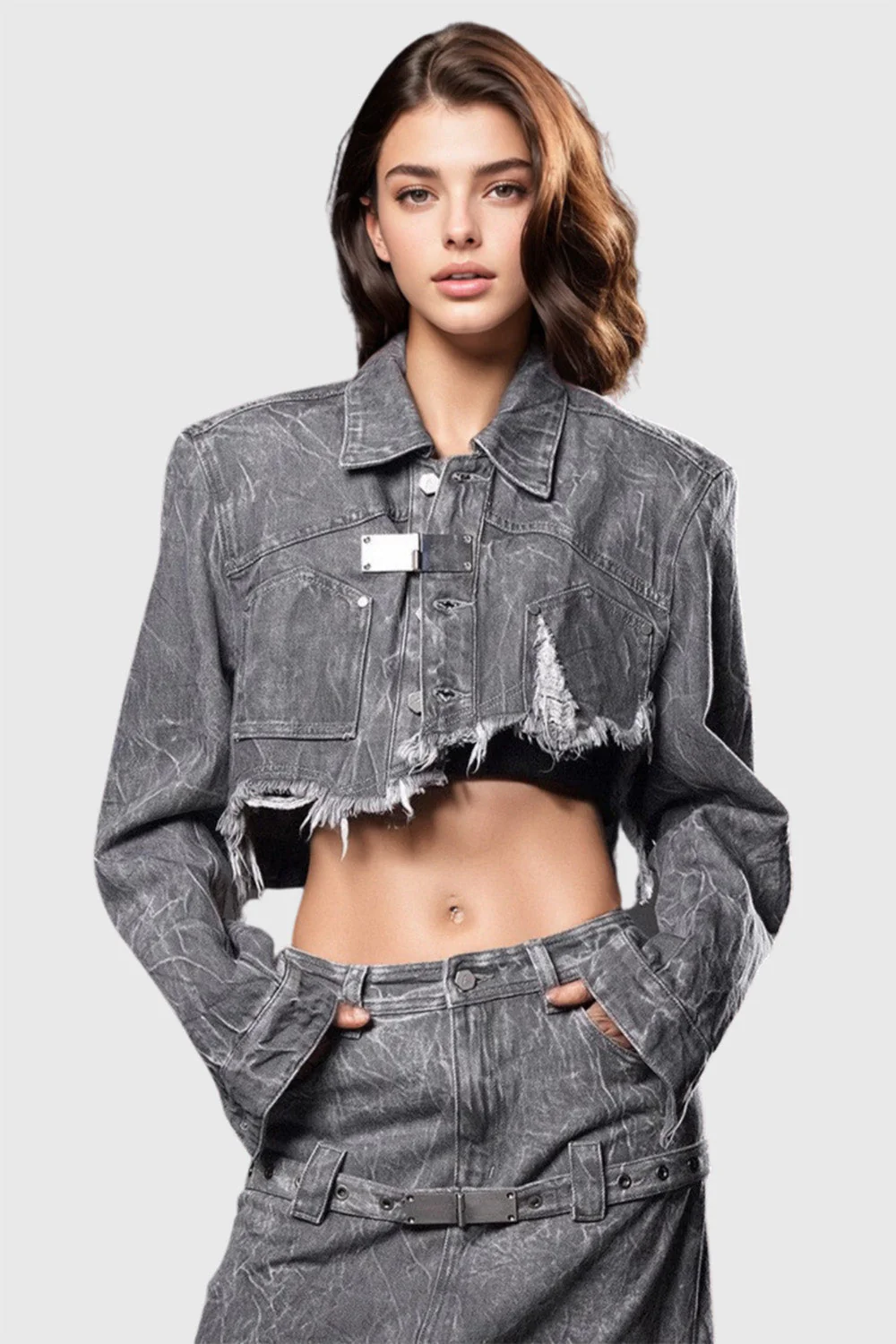 Cropped Denim Jacket with Ripped Hem - Grey - Image 3