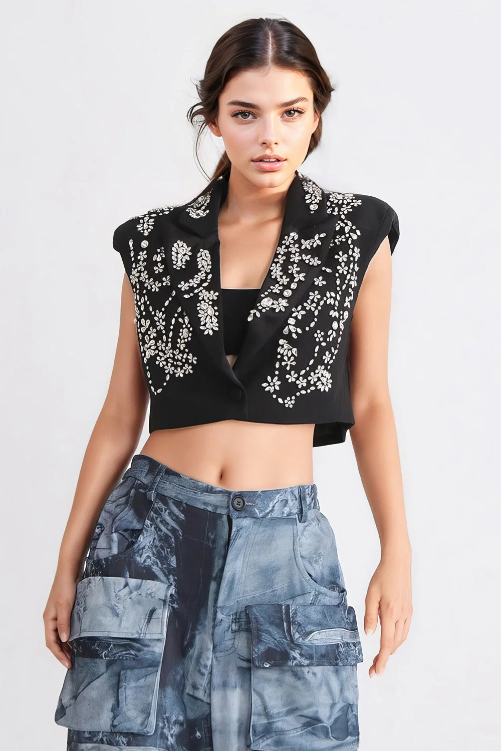 Cropped Waistcoat with Rhinestones - Black - Image 2