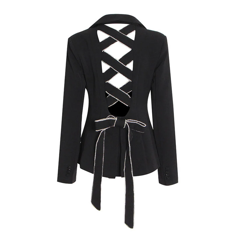 Crystal Bow Detail Criss Cross CutOut Single Breasted Peplum Blazer - Black - Image 3