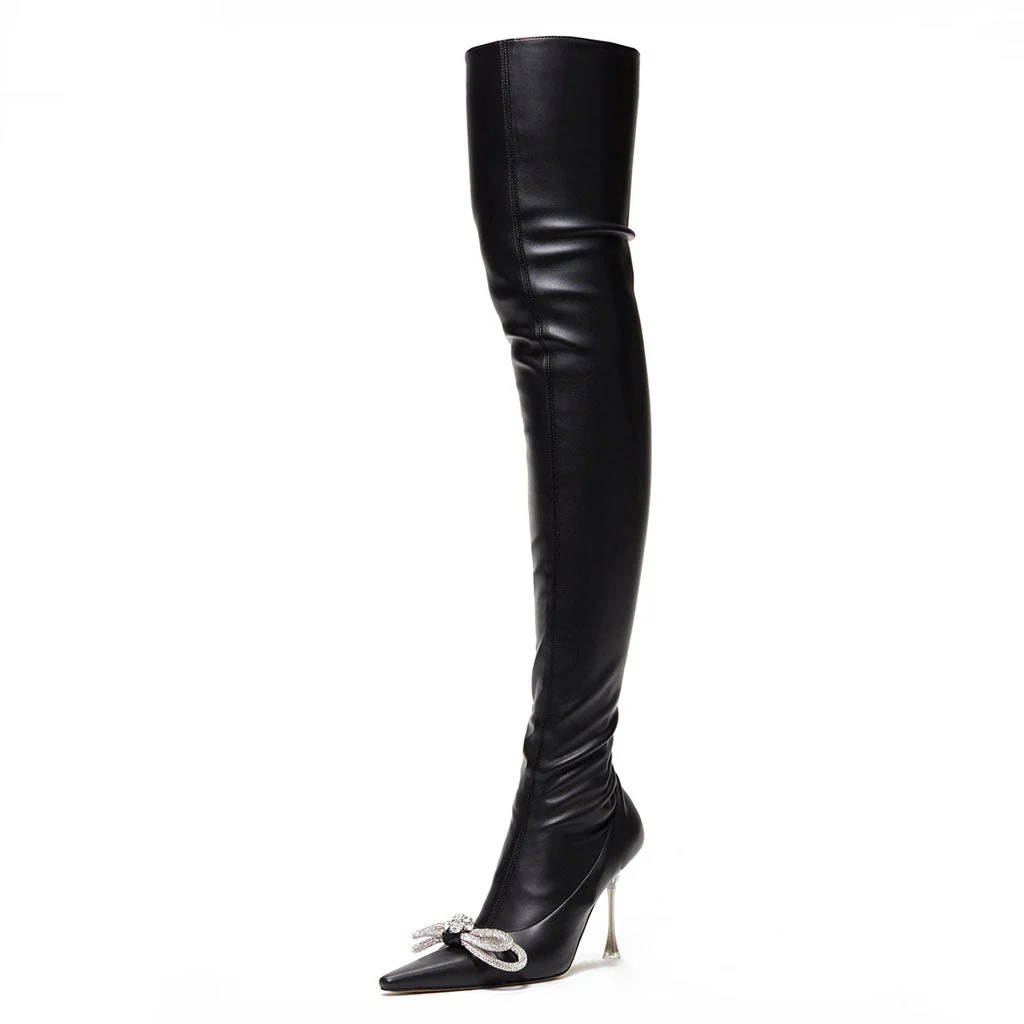 Crystal Bow Detail Faux Leather Pointed Toe Over Knee Boots - Black - Image 2
