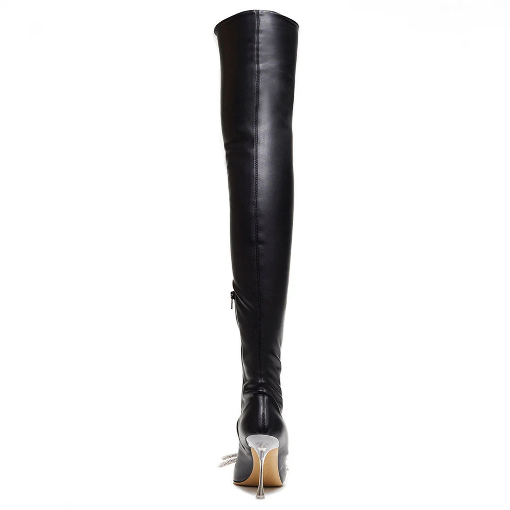 Crystal Bow Detail Faux Leather Pointed Toe Over Knee Boots - Black - Image 3
